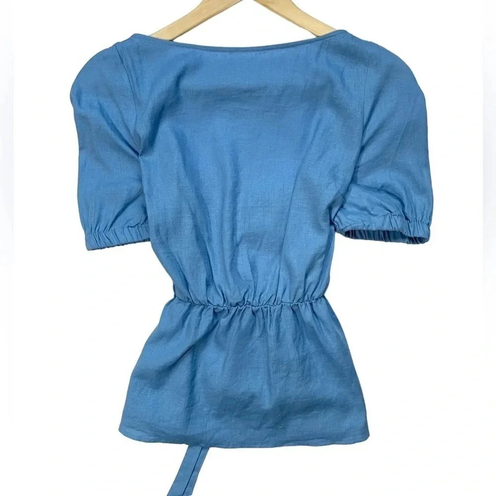 New York & Company Blue Linen Lace-Up Peplum Top Size Small NWT